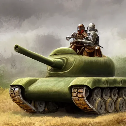 Image similar to a medieval knight proudly operating a WW2 tank, digital art, realistic, detailed, artstation