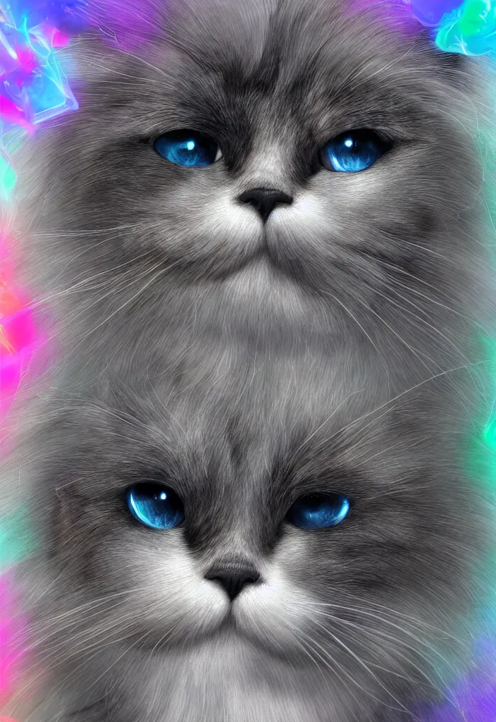 Image similar to longhair floof fluffy coiffed groom elegant gorgeously cfa champion cute pretty scottish fold cat, radiant with mathematical diagrams hologram overlay revealing a complex inner mechanations, detailed painting, grisaille dark monochrome with neon fluorescent color airbrush spraypaint accents, by jules julien, wes anderson, lisa frank, octane render 4 k