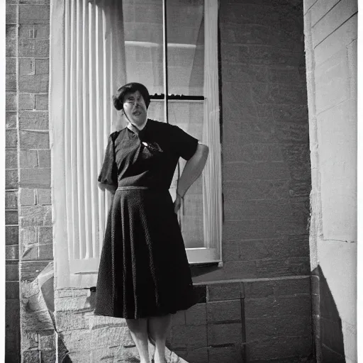 Image similar to photo of a woman in a dress by vivian maier. professional photography.