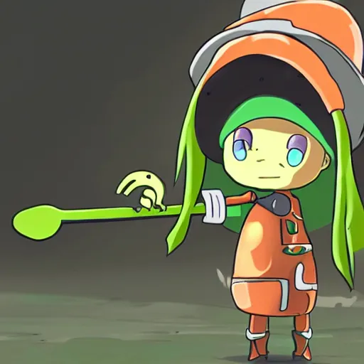 Image similar to little robot with big avocado hat and a carrot sword, made in abyss style