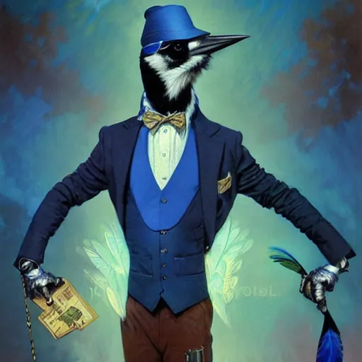 Prompt: anthropomorphic blue jay with exquisite feathers and wearing a tie and vest in cyberpunk. Renowned character illustration by greg rutkowski, thomas kindkade, alphonse mucha, loish, norman rockwell.