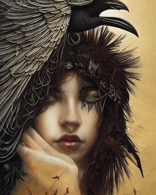 Image similar to goddess of crows, unusual beauty, emotionally evoking symbolic metaphors, head in focus, fantasy, ornamental, intricate, elegant, sensual, highly detailed digital painting, artstation, concept art, painterly, golden ratio, sharp focus, illustration, art by John Collier and Krenz Cushart and Artem Demura and and Greg Rutkowski and Alphonse Mucha and Albert Aublet
