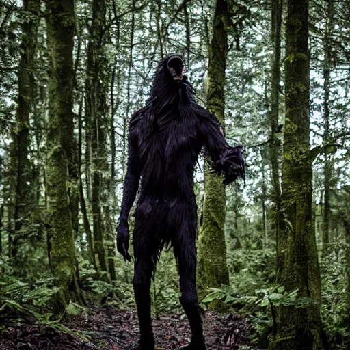 Image similar to standing werecreature consisting of a human and crow, photograph captured in a forest
