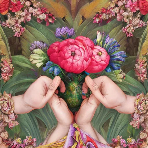 Prompt: photorealistic beautiful hands holding only one big elaborate maximalist flower. mixed media 3d and oil painting in the style of Michelangelo, Banksy and Gauguin, with flemish baroque details. made of hyperdetailed vivid fabric textures HD 8x matte background