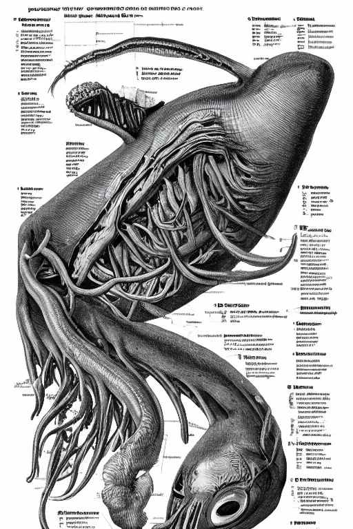 Image similar to anatomical encyclopedia illustration of a disturbing deep sea creature, photorealistic, diagram