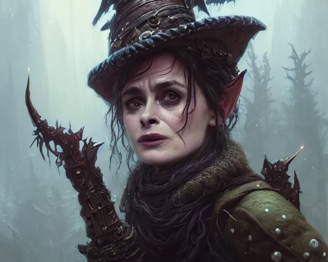 Image similar to highly detailed portrait of helena bonham carter as a fantasy goblin, in skyrim, stephen bliss, unreal engine, fantasy art by greg rutkowski, loish, rhads, ferdinand knab, makoto shinkai and lois van baarle, ilya kuvshinov, rossdraws, tom bagshaw, global illumination, radiant light, detailed and intricate environment