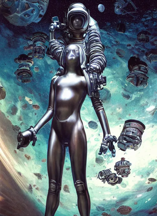 Image similar to girls astronaut in dark void underwater - complex and hyperdetailed technical suit design. reflection and dispersion materials. rays and dispersion of light. volumetric light. f / 3 2. noise film photo. flash photography. ultra realistic, 5 0 mm. poster by wayne barlowe, hajime sorayama aaron horkey, craig mullins
