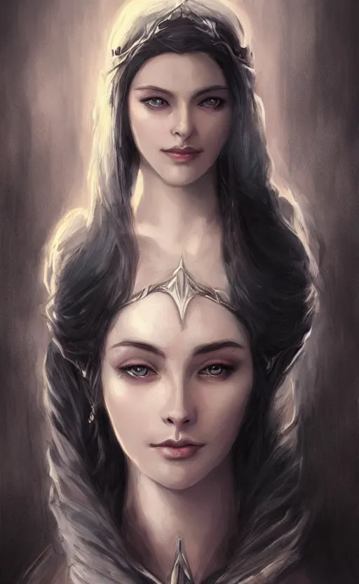 Image similar to luthien, princess of doriath, fairest maiden to have ever lived, stunningly beautiful, black hair, elven, beautiful eyes, portrait, artstation, wonderful lighning