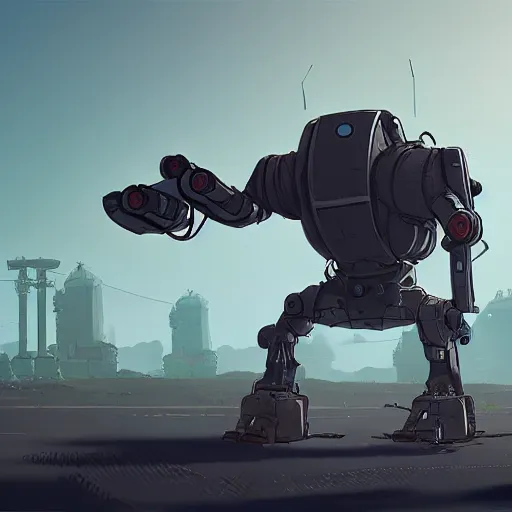 Prompt: mechanized armored walker, futuristic in the style of simon stalenhag and ian mcque