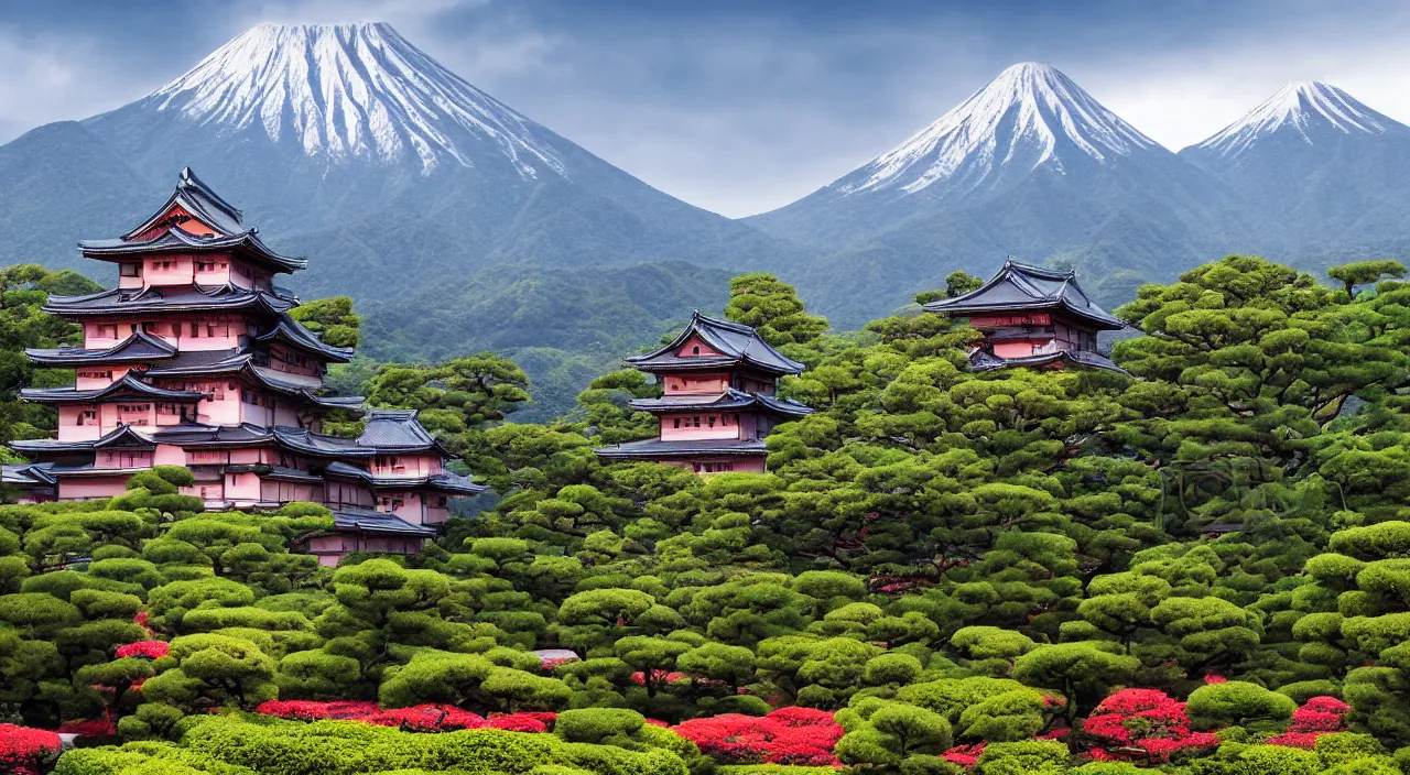 Prompt: digital art of a Japanese castle, with a garden as foreground, with mountains as background