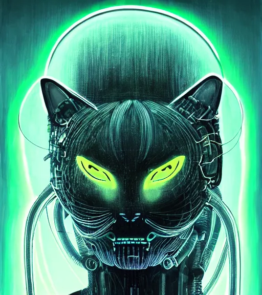 Image similar to humanoid cat cyborg with outstretched head, cartoon soft fluorescent fluffy eyes, translucent neon skin, mix styles of tsutomu nihei, video game art, battle scene, zdzisław beksinski and giger, in full growth, no blur