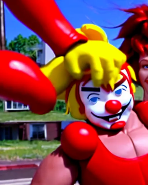 Image similar to wendy's mascot wendy thomas fights ronald mcdonald, movie still, from the movie street fighter, 8 k, realistic