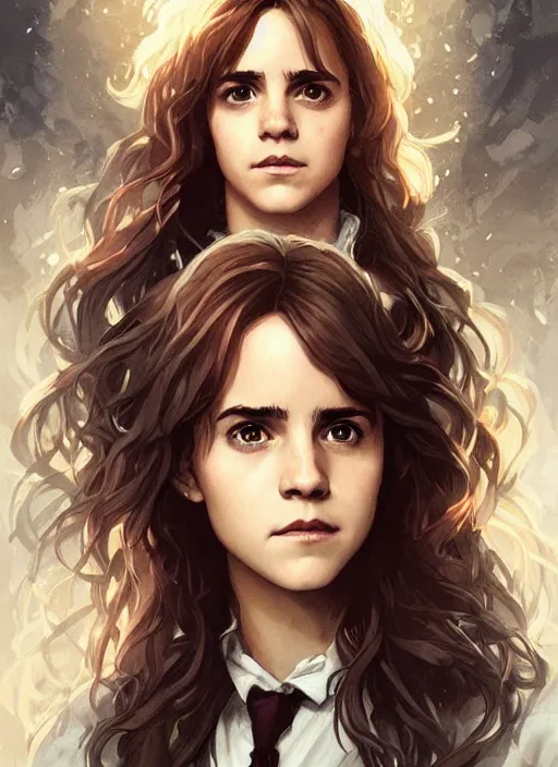 Image similar to hermione! granger! at hogwarts!!!!! by emma watson. beautiful! detailed! face!. by artgerm and greg rutkowski and alphonse mucha