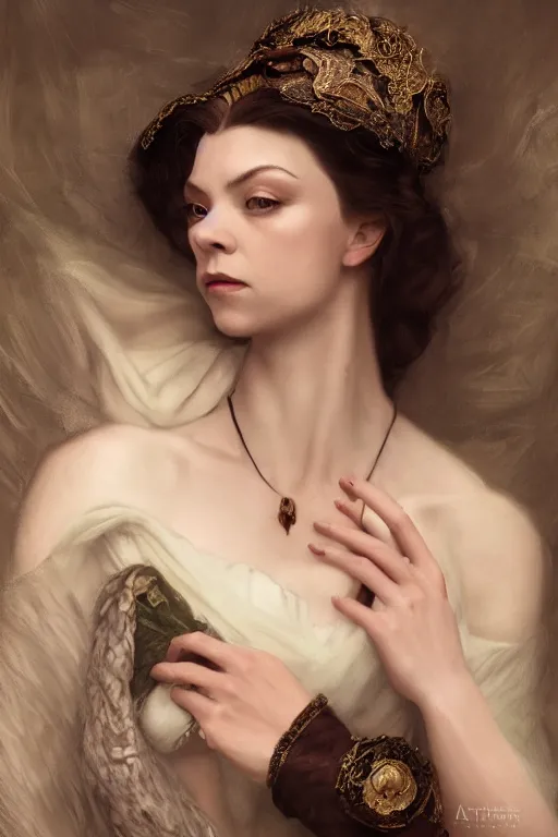 Image similar to a portrait of an elegant beautiful dark bohemian vampire woman, smooth face, glamour shot, bored, illustration, dramatic lighting, soft details, painting oil on canvas, art nouveau, octane render, HDR, 4k, 8k, HD, (Natalie Dormer) by Edmund Blair Leighton, Brom, Charlie Bowater, trending on artstation,