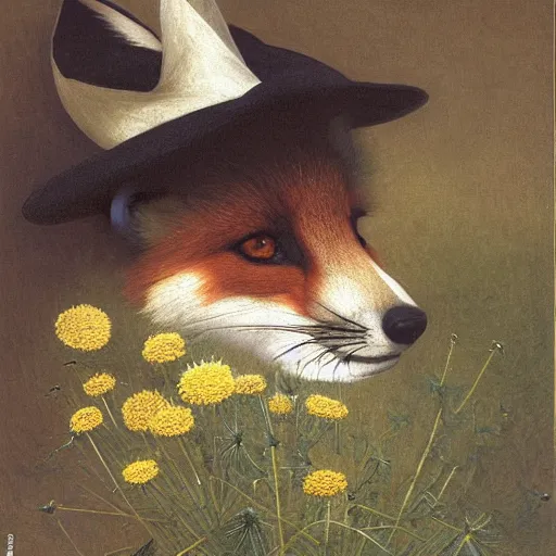 Image similar to A portrait of a fox wearing a hat full of dandelions, by Robert Cleminson and William-Adolphe Bouguereau