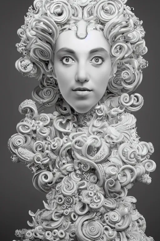 Image similar to 3 d full head and shoulders beautiful white porcelain woman with ornate detailed hair and jewellery, 3 d swirling hair, big eyes through the hair by theodor seuss geisel and daniel arsham and xiang duan