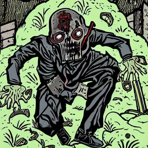 Prompt: MF DOOM crawls out of his grave like a zombie