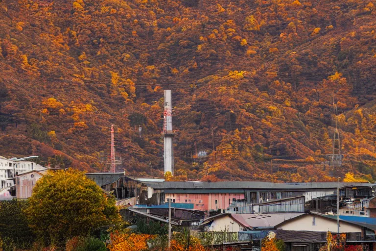 Image similar to warehouses lining a street, with an autumn mountain directly behind, radio tower on mountain, lens compressed, photography