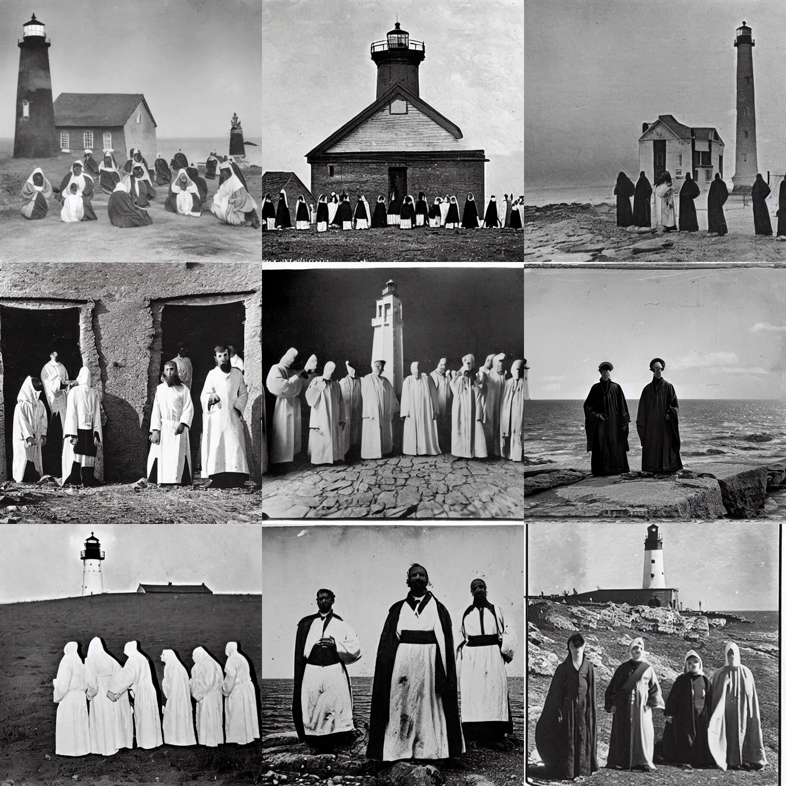 Image similar to worshippers dressed in robes belonging to the cult of the lighthouse. Dilapidated 1800s lighthouse. 1800s photo.