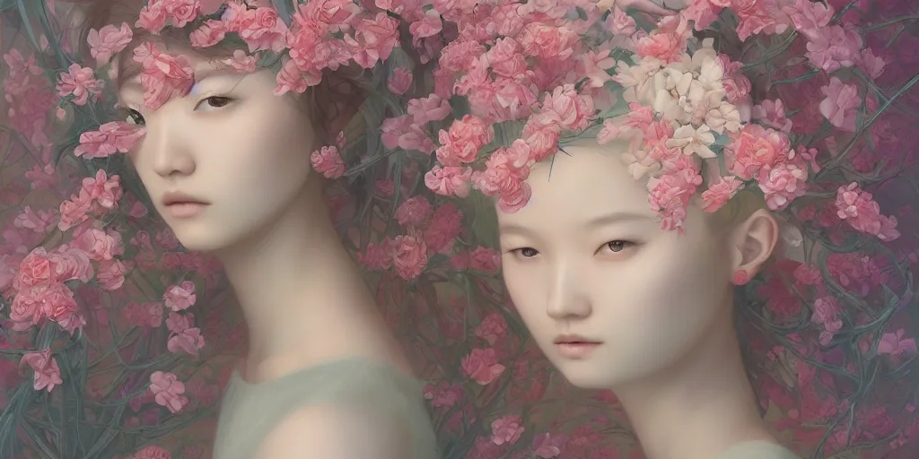 Image similar to breathtaking detailed concept art painting pattern blend of flowers and girls, by hsiao - ron cheng and soey milk, bizarre compositions, exquisite detail, pastel colors, 8 k