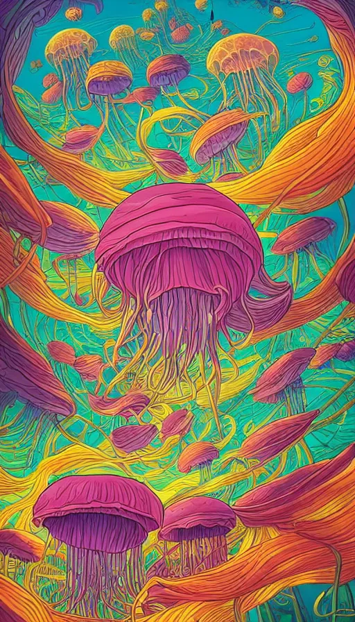 Prompt: The floral lands of the jellyfish, italian futurism, Dan Mumford, da vinci, Josan Gonzalez