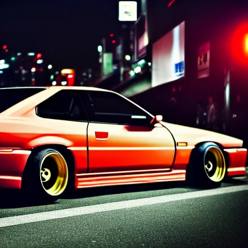 Prompt: a car Nissan Silvia at illegal car meet, Shibuya prefecture, city sunset, cinematic color, photorealistic, highly detailed, 200MM