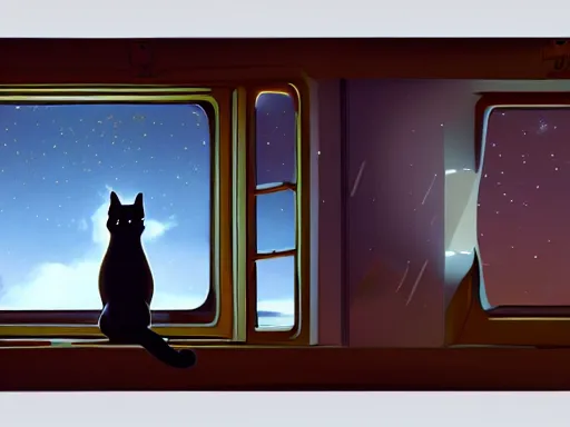 Image similar to cat in space station watching the stars trough a large window, digital painting, dramatic lighting, highly detailed, artstation, concept art