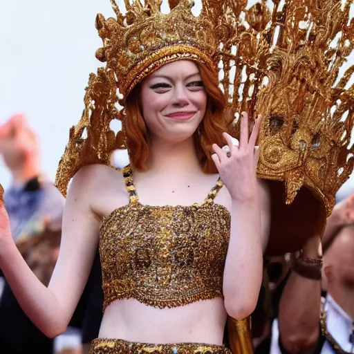 Image similar to A full body shot of Emma Stone wearing a golden Arabian crown , royality, high quality, fully detailed, 4k, in focus, detailed eyes