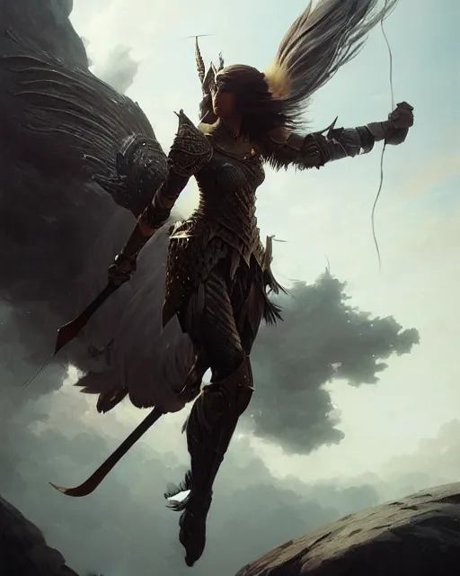 Image similar to a fantasy valkyrie, stunning armor, highly detailed full body, epic composition, dynamic pose, concept art, global illumination digital painting, smooth, desaturated color, sharp focus, post processing, artstation, by ruan jia, tooth wu, wlop, james jean, ryohei hase, karl spitzweg, rutkowsky