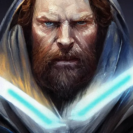 Image similar to portrait of a man by greg rutkowski, old jedi master, he looks like cameron monaghan, beard, wearing a blue jedi robes, star wars expanded universe, he is about 8 0 years old, highly detailed portrait, digital painting, artstation, concept art, smooth, sharp foccus ilustration, artstation hq