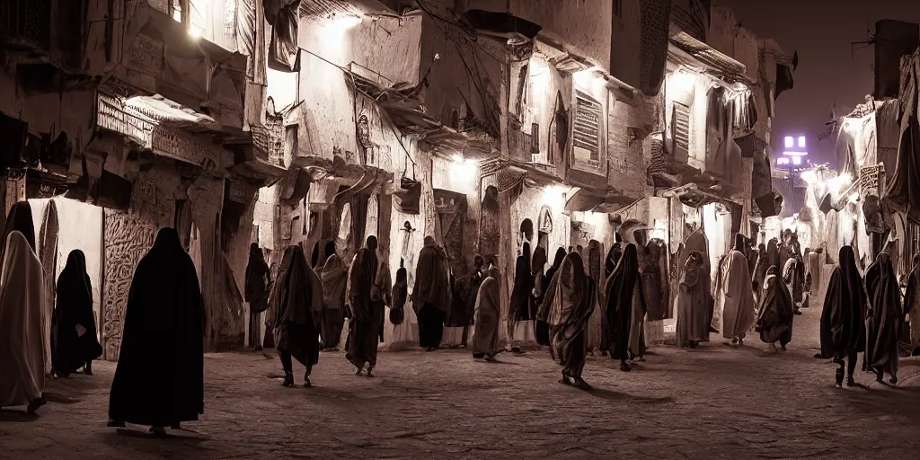 Prompt: el mowlid street rituals in medieval ghardaia, night lights, crowded, cinematic, volumetric light, moody