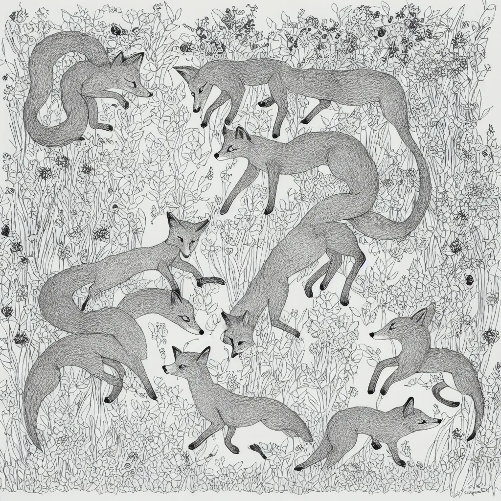 Prompt: foxes playing jumping in tranquillity garden ink drawing by james jean very fine linework