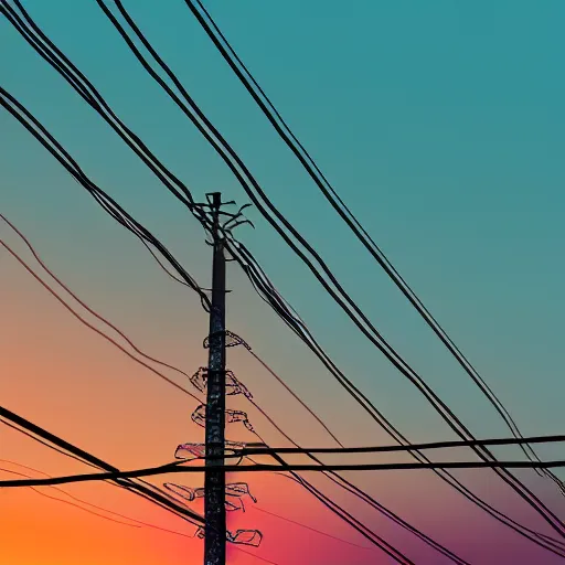 Image similar to colorful bouncing wires on power lines at sunset, beautiful painting, realistic, 4 k, trending on artstation