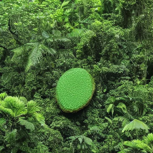 Image similar to ginormous single celled slime amoeba in a dense jungle made of giant trees and dense foliage