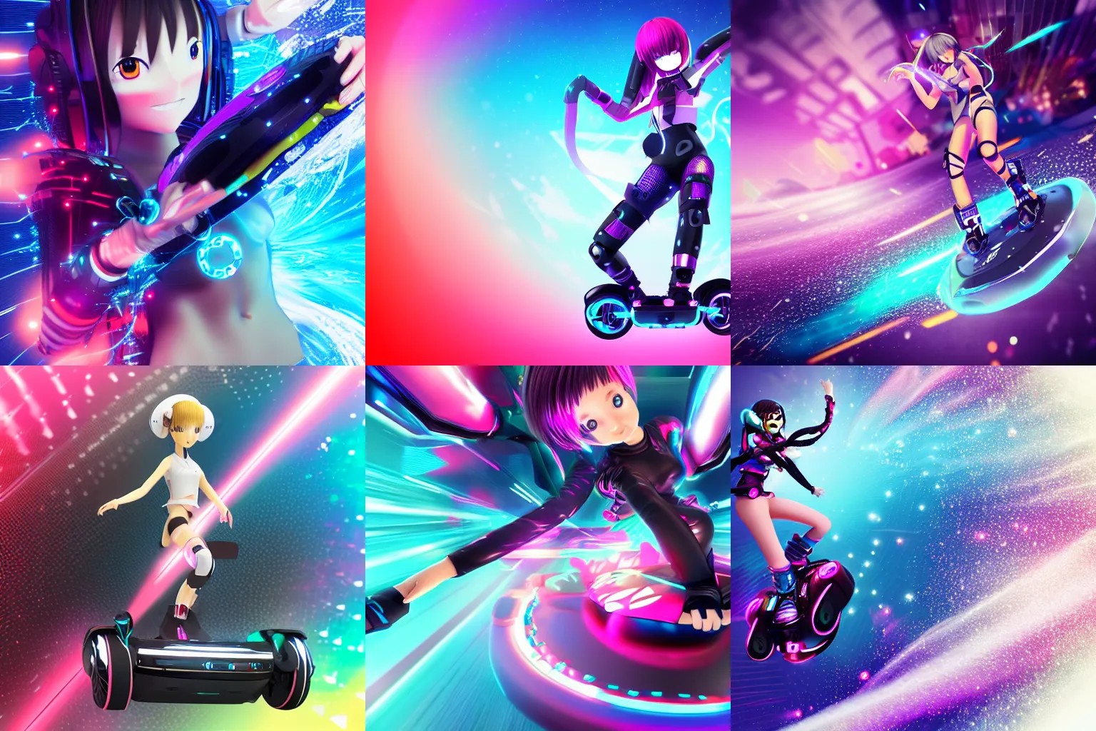 Prompt: anime cyber girl riding a wave of bits on a hoverboard octane render