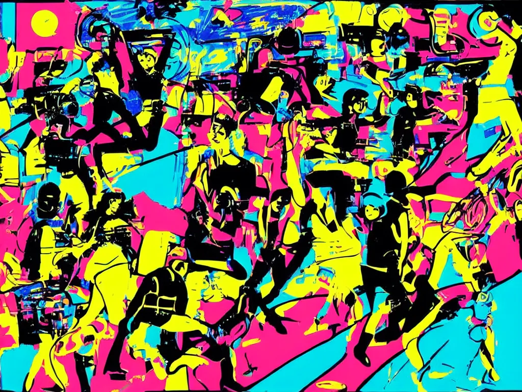 Prompt: Science fiction disco in silhouette, 1960s pop art with bold, bright colors by Evelyne Axell.