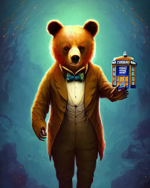 Prompt: anthropomorphic art of a detective bear in tardis, victorian inspired clothing by artgerm, victo ngai, ryohei hase, artstation. fractal papersand books. highly detailed digital painting, smooth, global illumination, fantasy art by greg rutkowsky, karl spitzweg