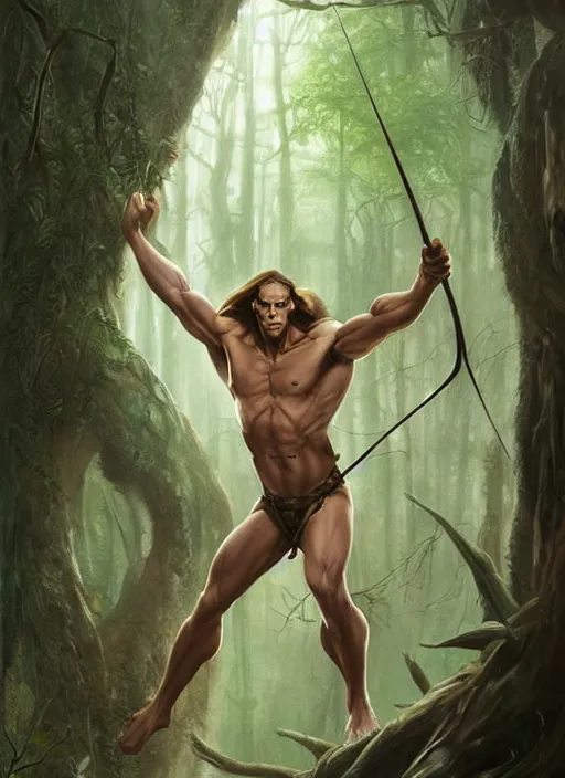 Image similar to A beautiful digital painting of tarzan in the mirkwood forrest holding a bow and arrow looking at the camera by Stanley Artgerm Lau, frank frazetta, Rossdraws, James Jean, gerald brom, Andrei Riabovitchev, Marc Simonetti, and Sakimichan, trending on artstation