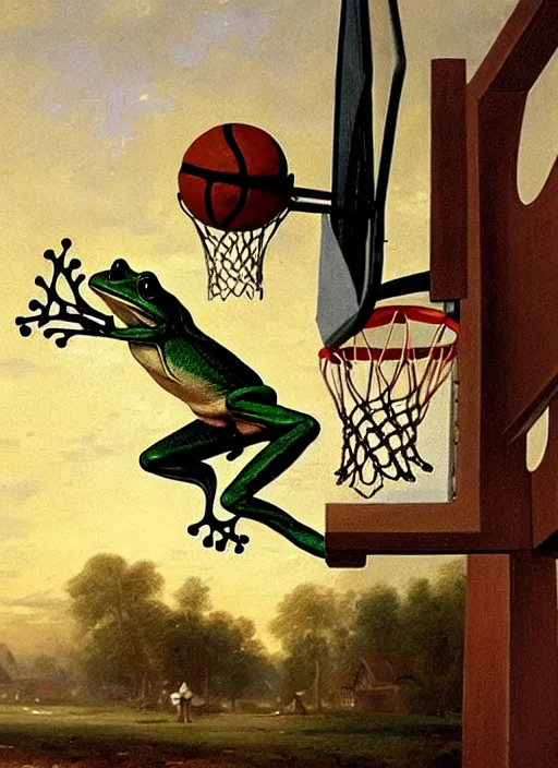 Image similar to a frog dunking a basketball into a basketball hoop highly detailed, sharp focus, matte painting, by isaac levitan and asher brown durand,