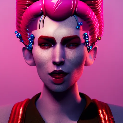 Image similar to candypunk rockstar, character design, high quality digital art, render, octane, redshift, volumetric lighting, oled