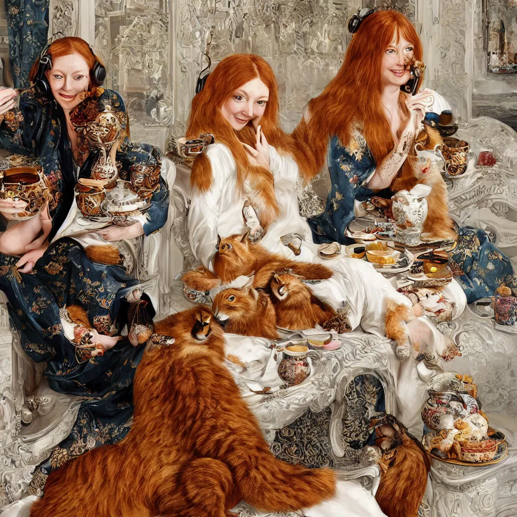 Image similar to a stunning hyper-detailed photorealistic painting of only one slender beautiful smiling woman with long ginger hair and bangs, wearing a luxurious silk robe, wearing headphones and posing with her large ginger tabby cat and her raccoon and parrots in an overstuffed easy chair in her sunlit victorian living room, holding a porcelain parrot-shaped coffee mug and a donut, perfect eyes, fashion photography, cinematic lighting, octane render, IBEX Masters, unreal engine, 85 mm lens,