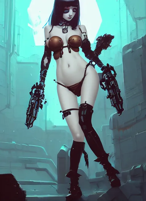 Image similar to portrait of cute goth girl in cyber bikini armor, warhammer, cyberpunk, by atey ghailan, by greg rutkowski, by greg tocchini, by james gilleard, by joe fenton, by kaethe butcher, by gustav klimt, dynamic lighting, gradient light blue, brown, blonde cream and white color in scheme, grunge aesthetic