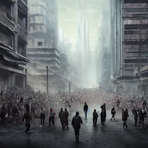 Image similar to hordes of drone-like people aimlessly walking around a depressing dystopian cityscape , trending on artststion, hyper realistic, surreal, melancholic, 8k, upscaled