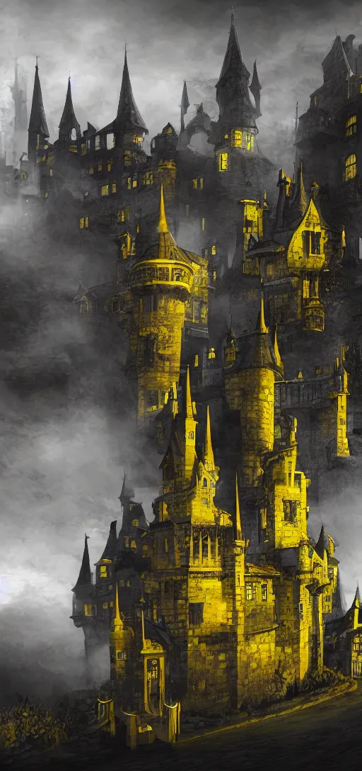 Prompt: A digital concept art painting of a black and yellow renacentis fantasy european ghotic castle with black brick in a city renacentis, 4K UHD image, unreal engine, Graphic Novel, Visual Novel