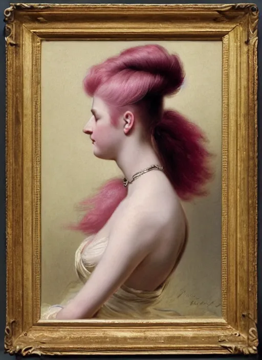 Image similar to a detailed portrait of woman with a mohawk by edouard bisson, year 1 8 5 0, pink hair, punk rock, looking at the camera, oil painting, muted colours, soft lighting