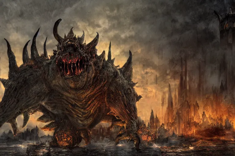 Image similar to concept art of bowser with huge horns and scales and talons in a ruined kingdom, resident evil, horror, occult, terror, mist, volumetric render, digital painting, detailed painting