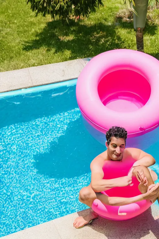 Image similar to man sitting in a pink kiddie pool, lawn flamingo, backyard, pool floaties