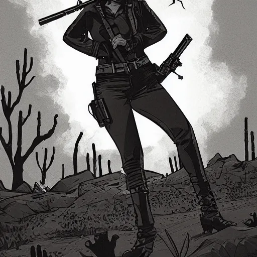 Image similar to a comic noir illustration of a woman hunting zombies in a post - apocalyptic desert, by queens of the stone age, by sachin teng, 8 k, hyperrealistic, high contrast, dark vibes, pastel lighting, depth of field