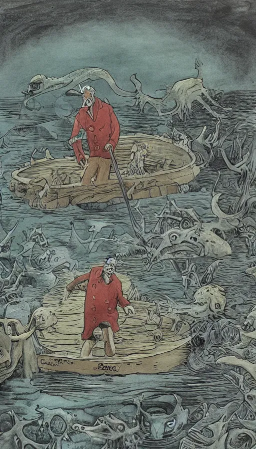 Image similar to man on boat crossing a body of water in hell with creatures in the water, sea of souls, by raymond briggs