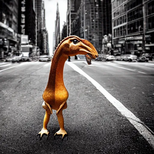 Prompt: realistic photograph of a parasaurolophus in the middle of a busy street new york, depth of field, macro photography